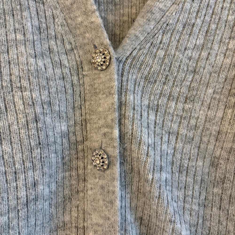 Talbots Grey Metallic Shimmer Ribbed Rhinestone Button Cardigan Sweater Womens M - Picture 2 of 7